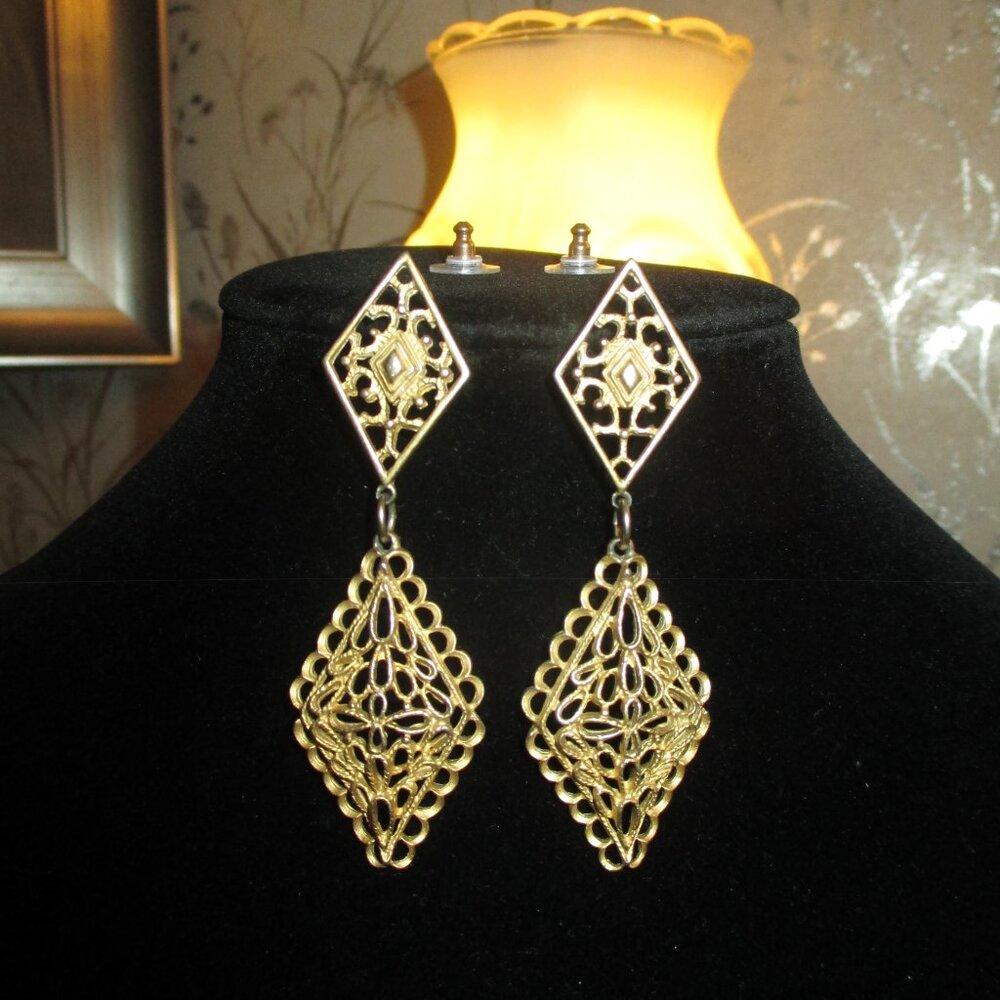 Vintage Lattice Brushed Goldtone Earrings/70's